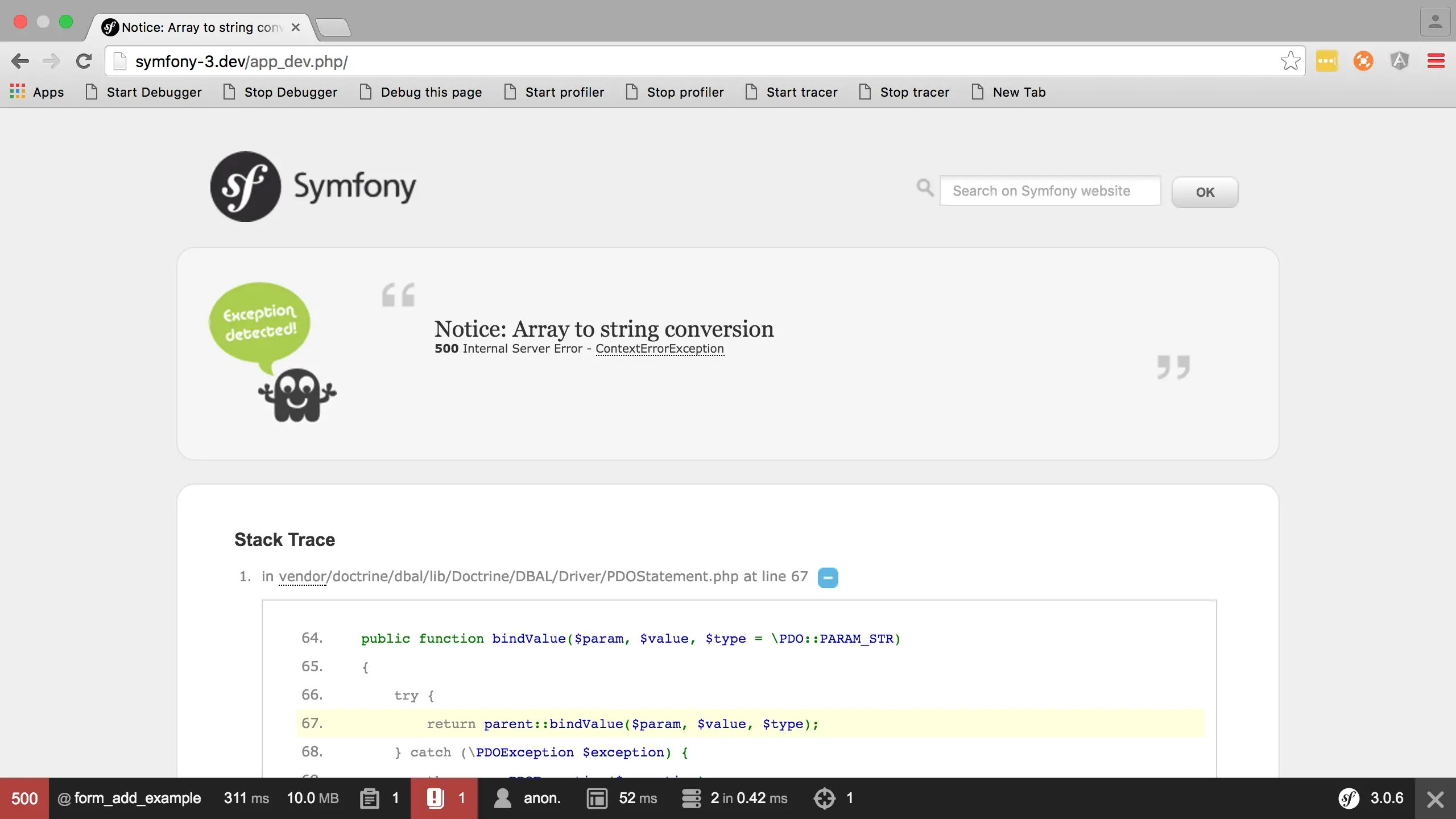 Symfony - Notice: Array to string conversion, 500 Internal Server Error ContextErrorException